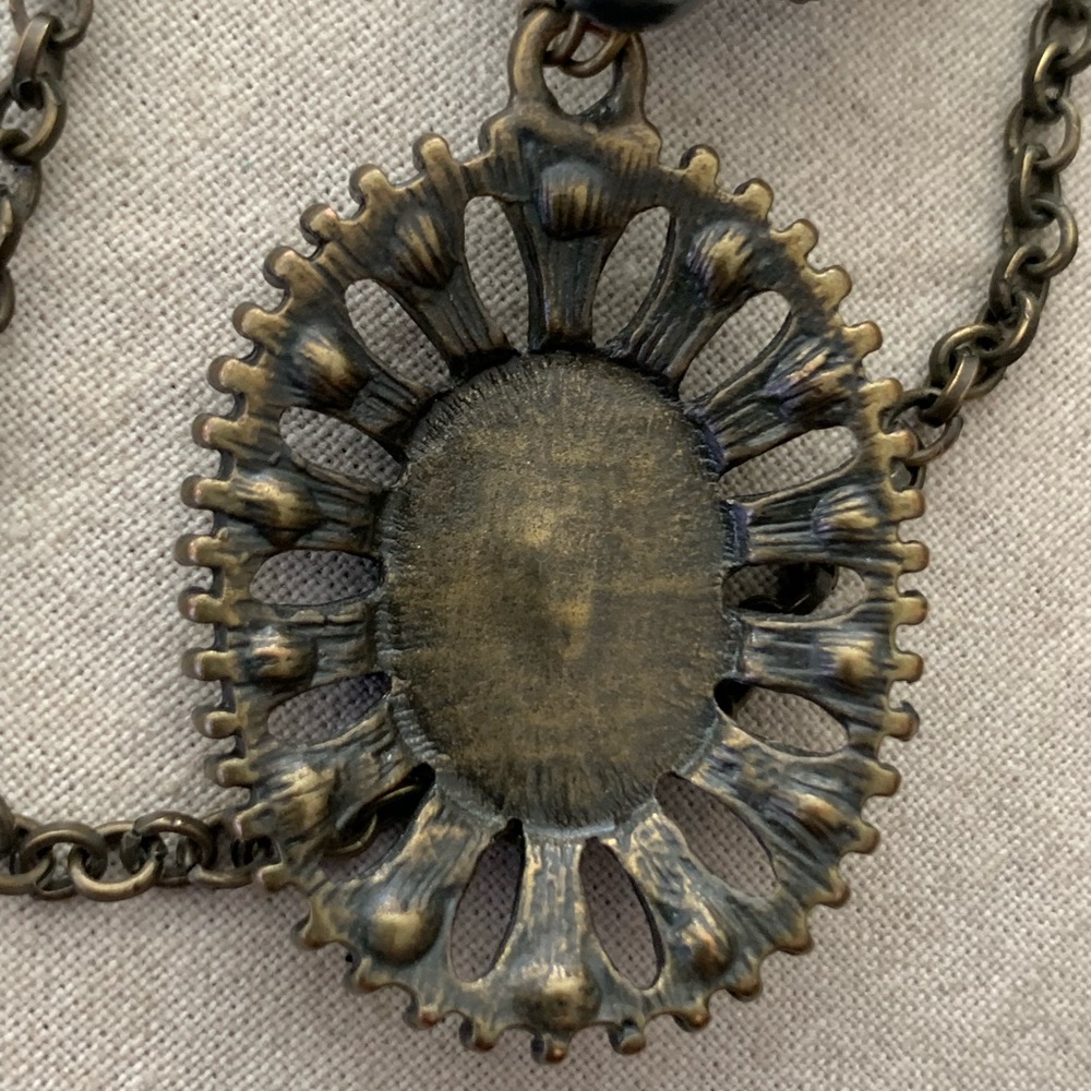 Black Cameo Pendant Brass Chain Hematite Bead Gothic Necklace - Picture 3 of 5